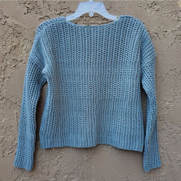 Sky and Sparrow Sage Green Chunky Open Knit Long Sleeve Cropped Sweater - Picture 2 of 9